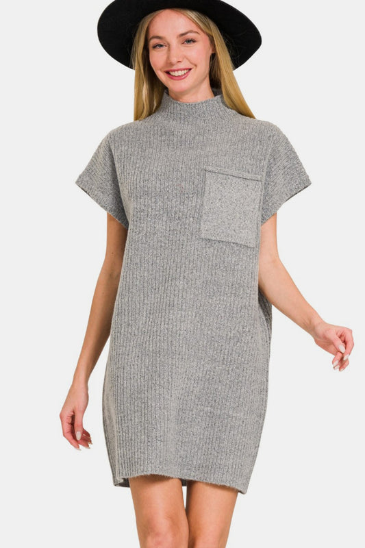 Zenana Short Sleeve Sweater Mini Dress Front View Grey