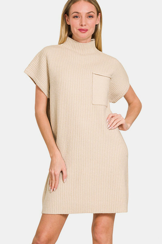 Zenana Short Sleeve Sweater Mini Dress Front View Sand Beige