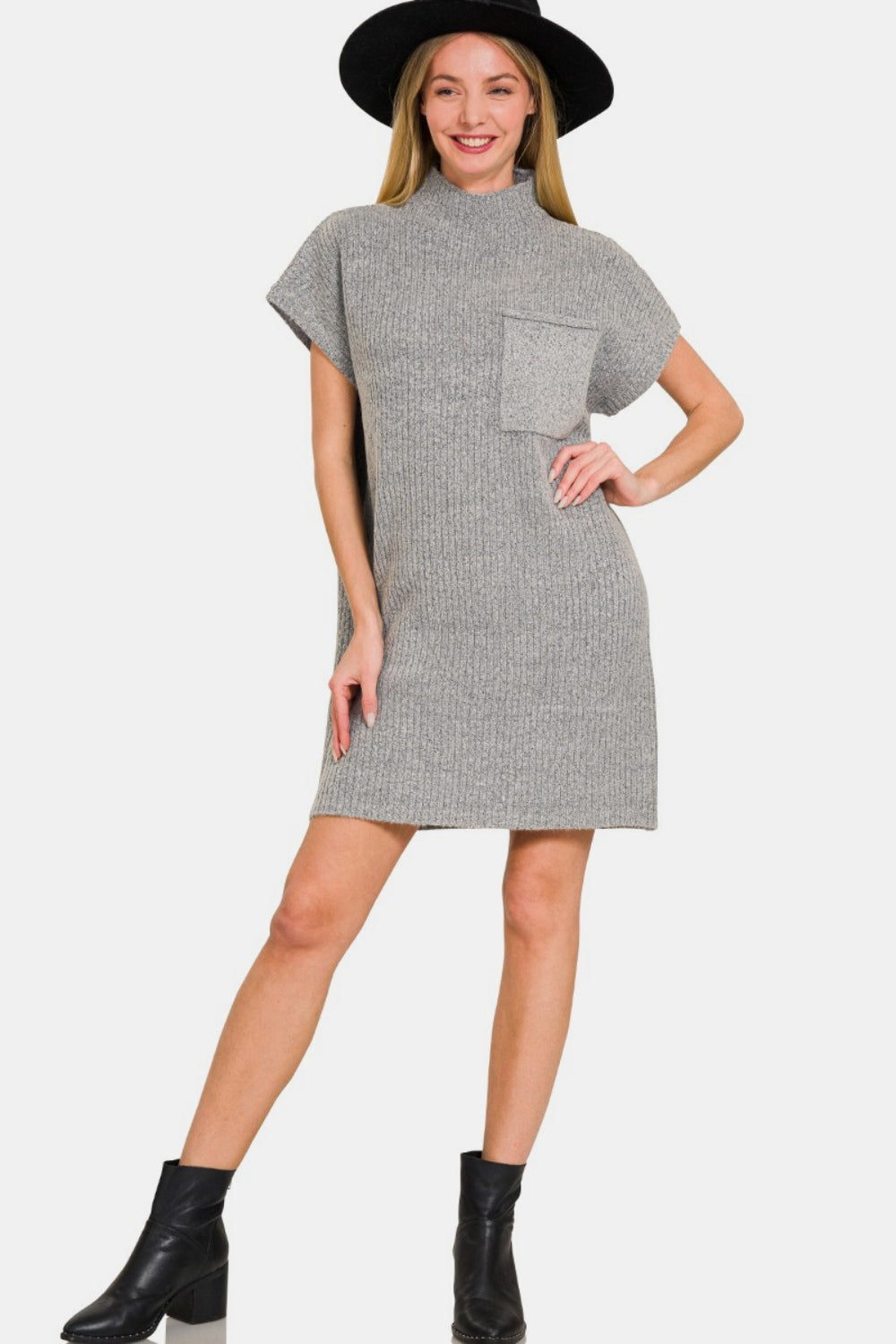 Zenana Short Sleeve Sweater Mini Dress Full Frontal View Grey