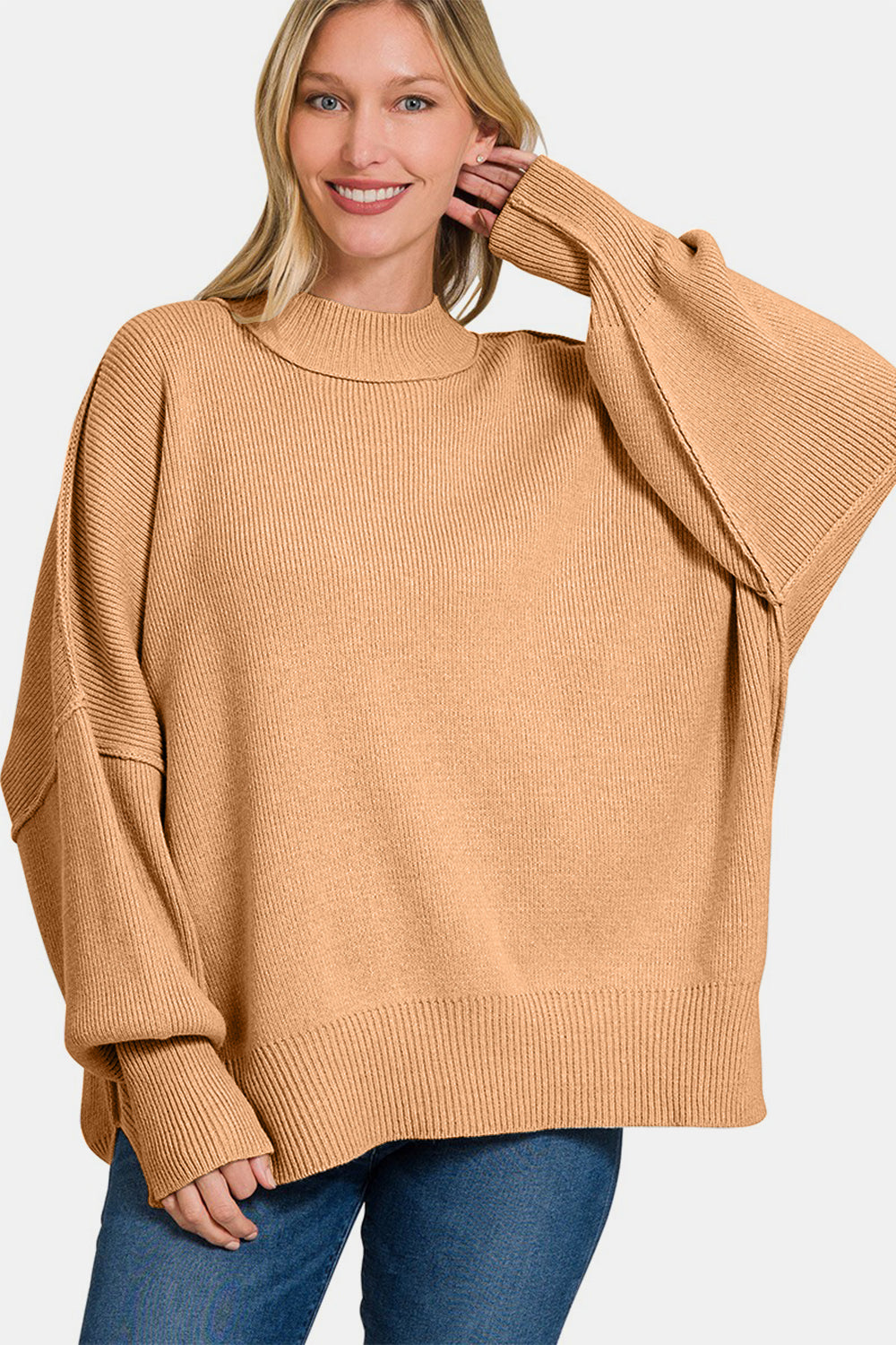 Zenana Side Sit Oversize Sweater Alternate Front View Dk Brush
