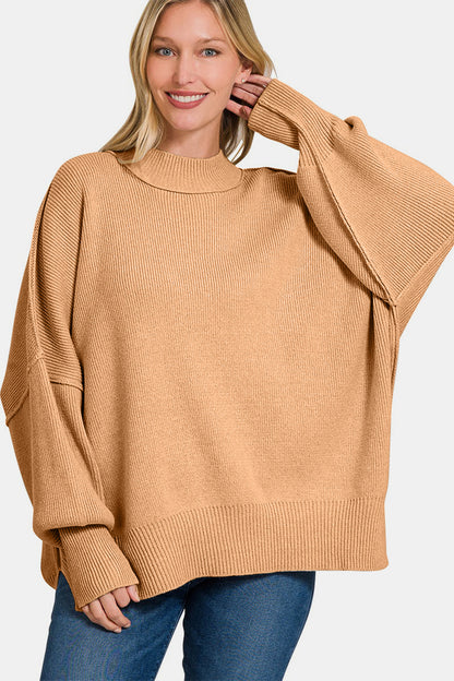 Zenana Side Sit Oversize Sweater Alternate Front View Dk Brush