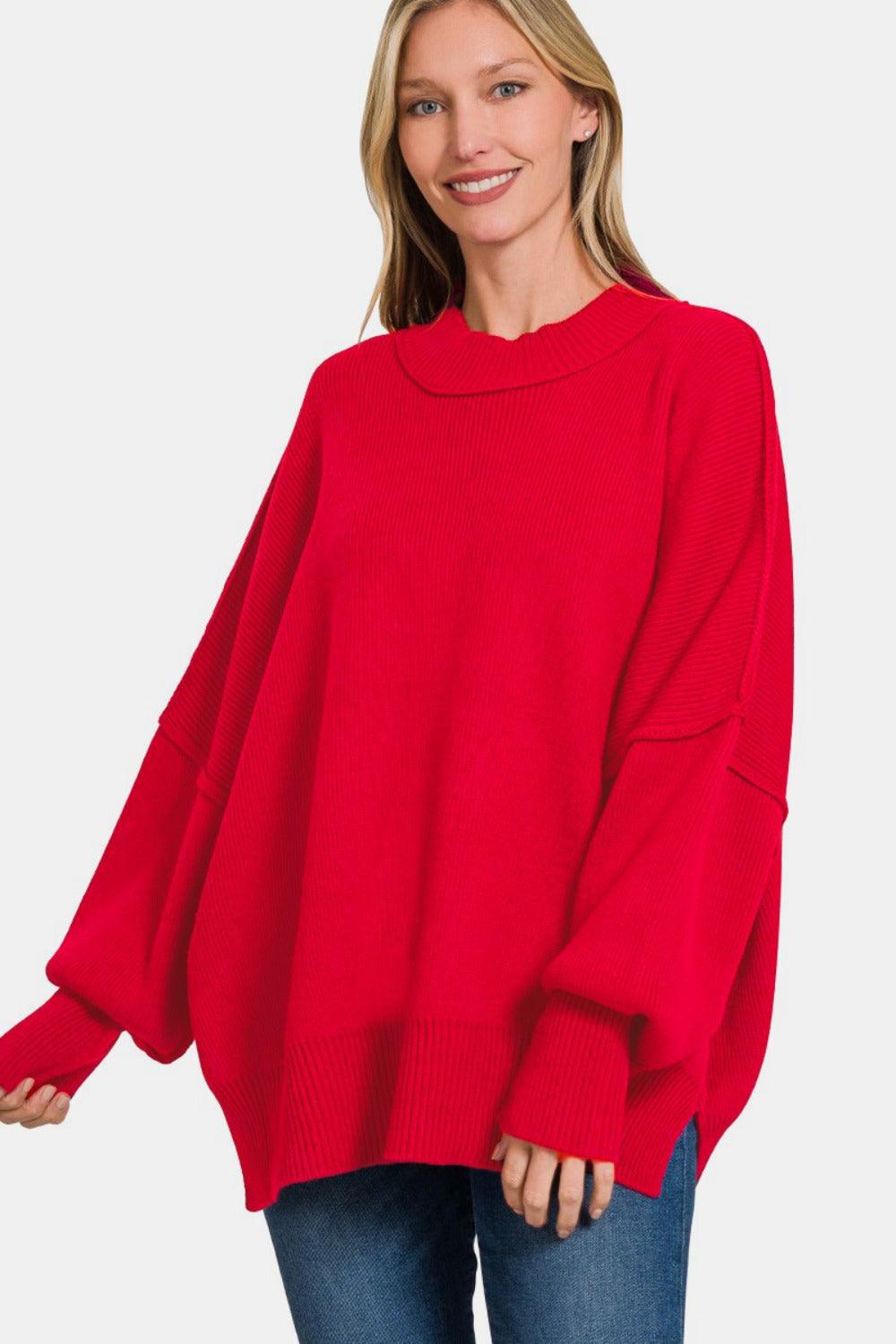 Zenana Side Sit Oversize Sweater Alternate Front View Ruby