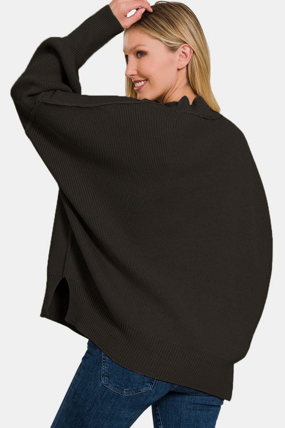 Zenana Side Sit Oversize Sweater Back View Black