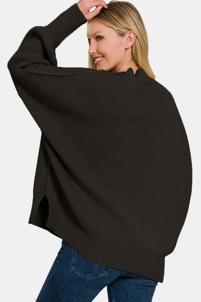 Zenana Side Sit Oversize Sweater Back View Black