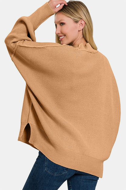 Zenana Side Sit Oversize Sweater Back View Dk Brush