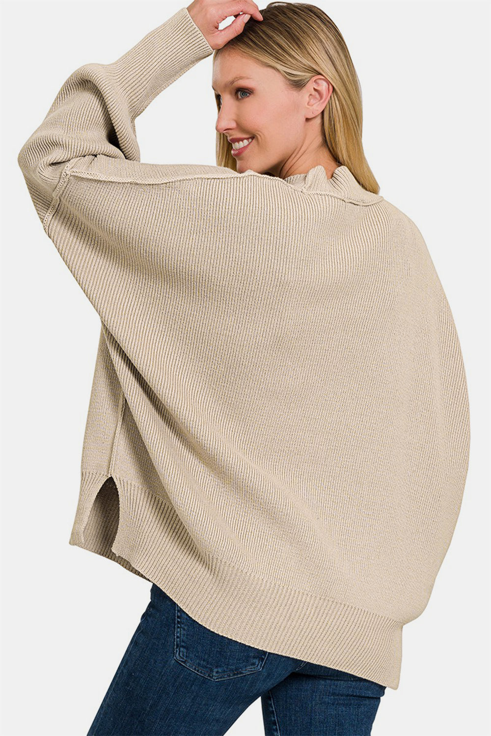 Zenana Side Sit Oversize Sweater Back View H Beige