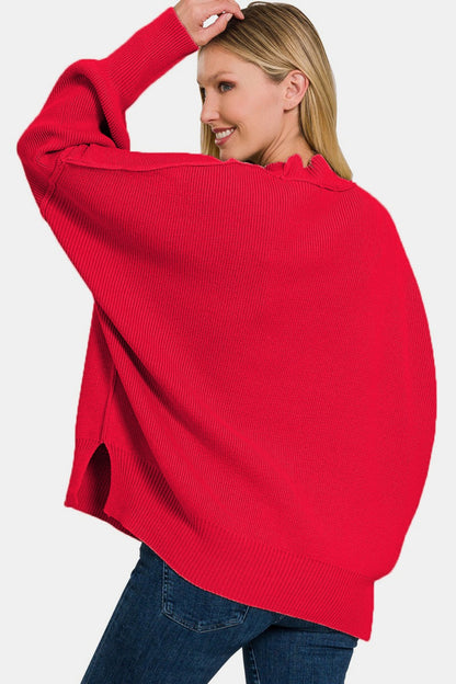 Zenana Side Sit Oversize Sweater Back View Ruby