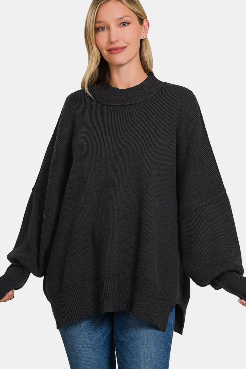 Zenana Side Sit Oversize Sweater Front View Black