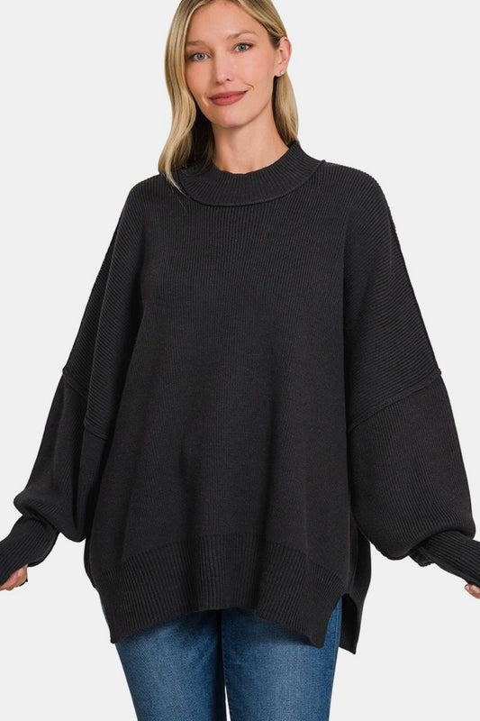 Zenana Side Sit Oversize Sweater Front View Black
