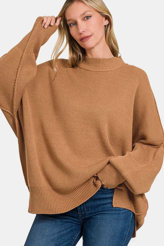 Zenana Side Sit Oversize Sweater Front View Deep Camel