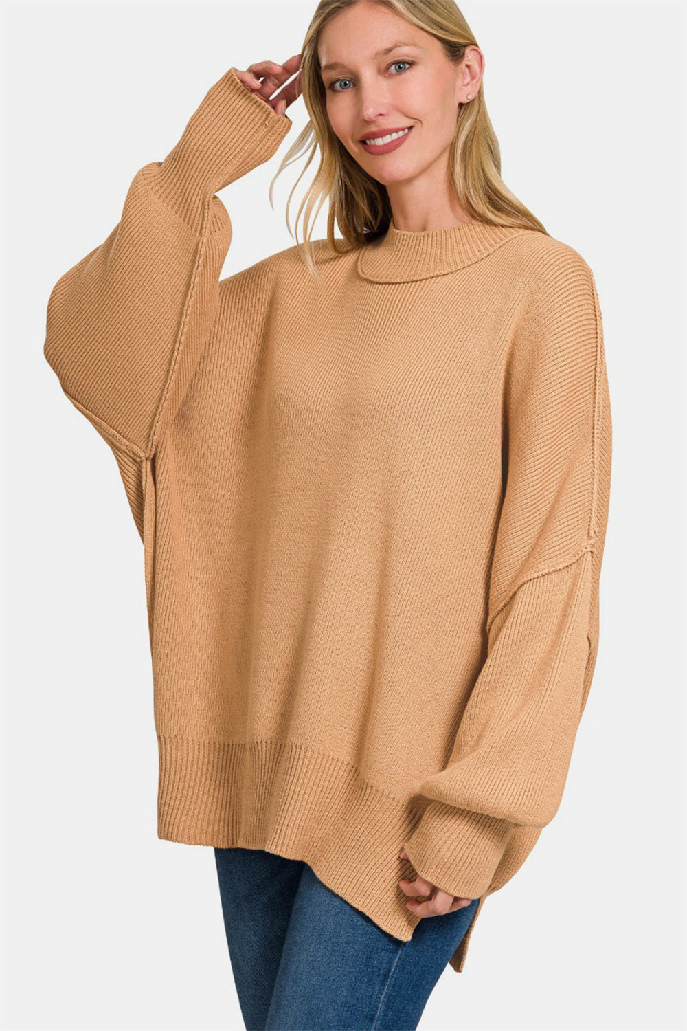 Zenana Side Sit Oversize Sweater Front View Dk Brush