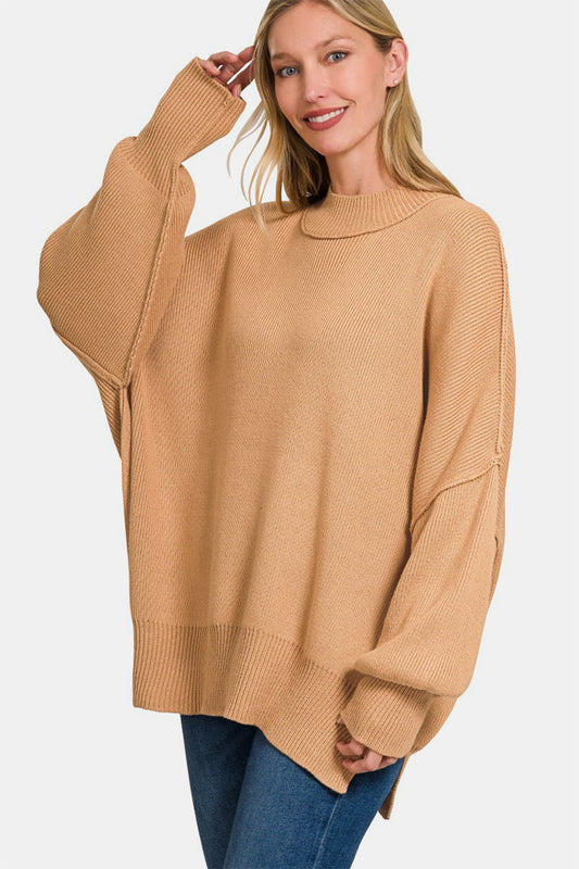 Zenana Side Sit Oversize Sweater Front View Dk Brush