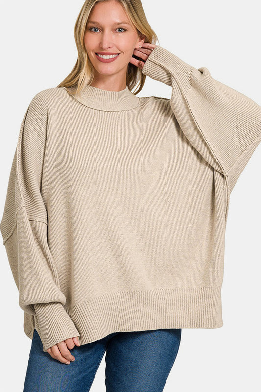Zenana Side Sit Oversize Sweater Front View H Beige