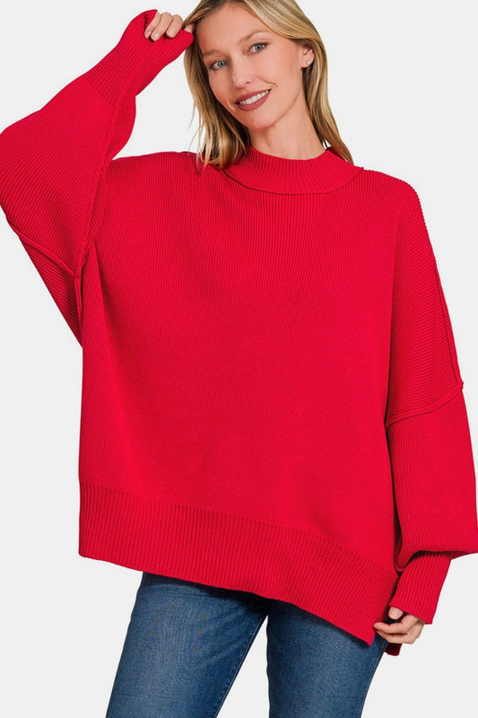 Zenana Side Sit Oversize Sweater Front View Ruby