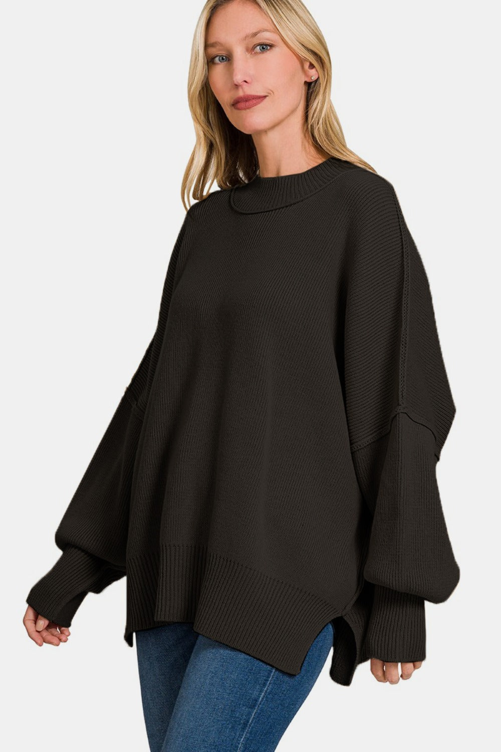 Zenana Side Sit Oversize Sweater Side View Black