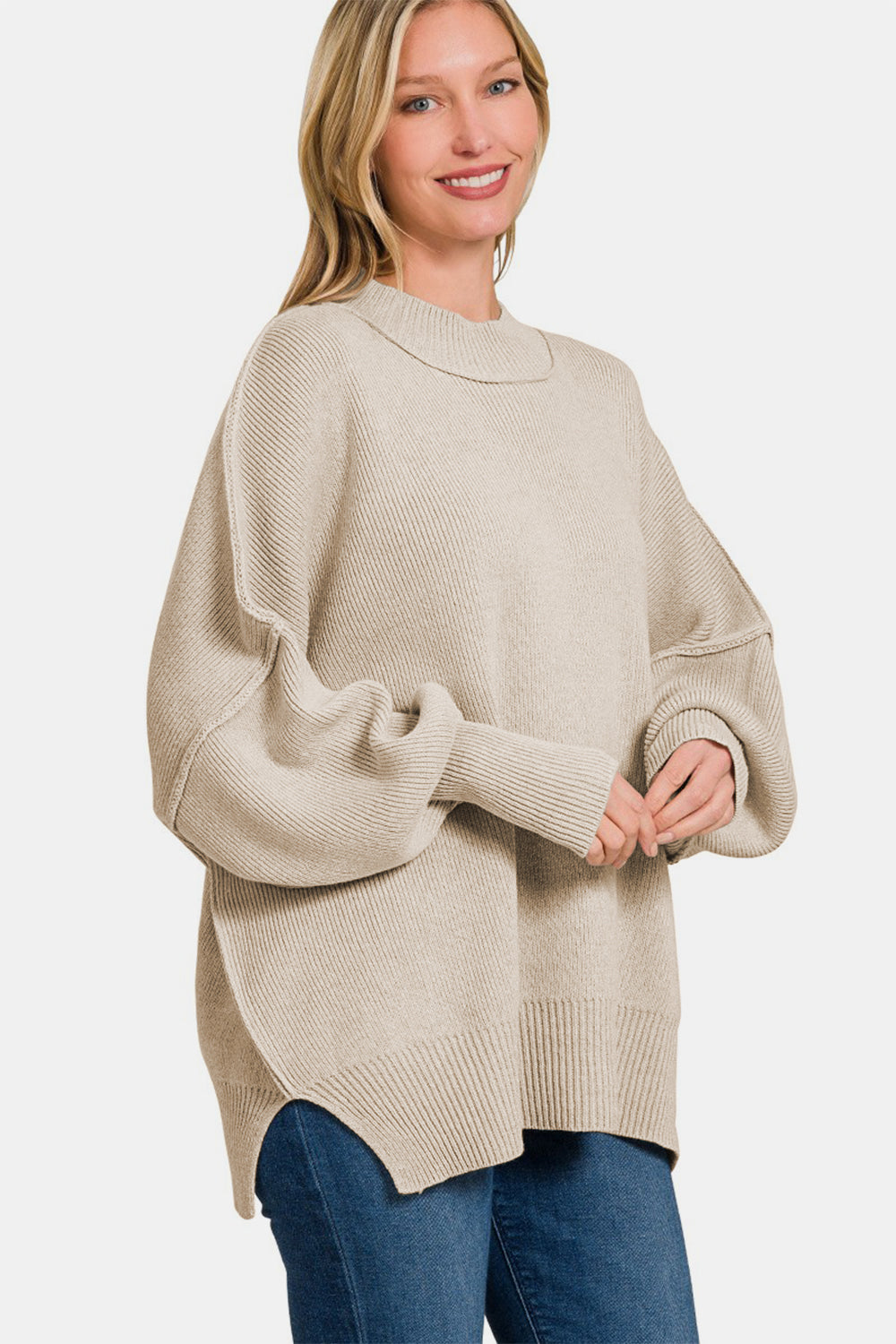 Zenana Side Sit Oversize Sweater Side View H Beige